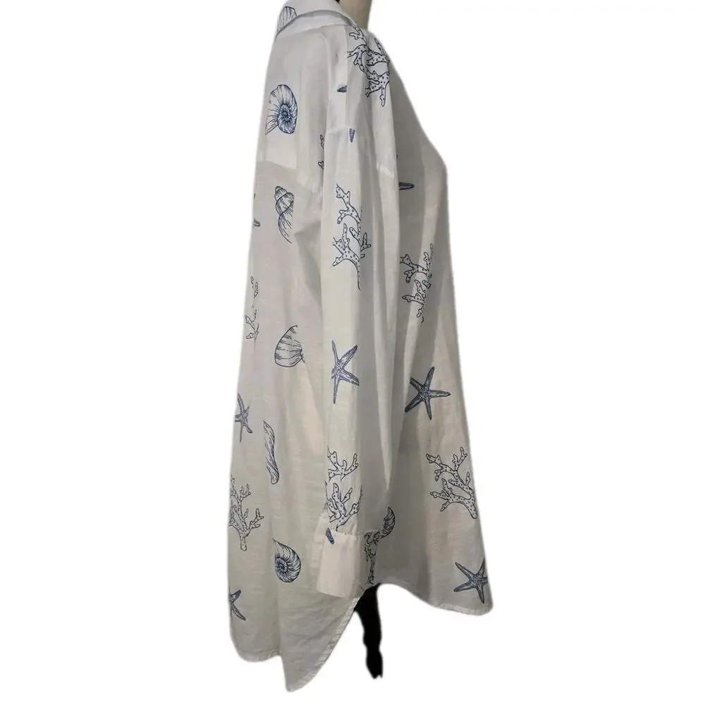 Women's Blue Island Blue/White Shells Top Tunic 100% Cotton Sz 3XL - Picture 5 of 7